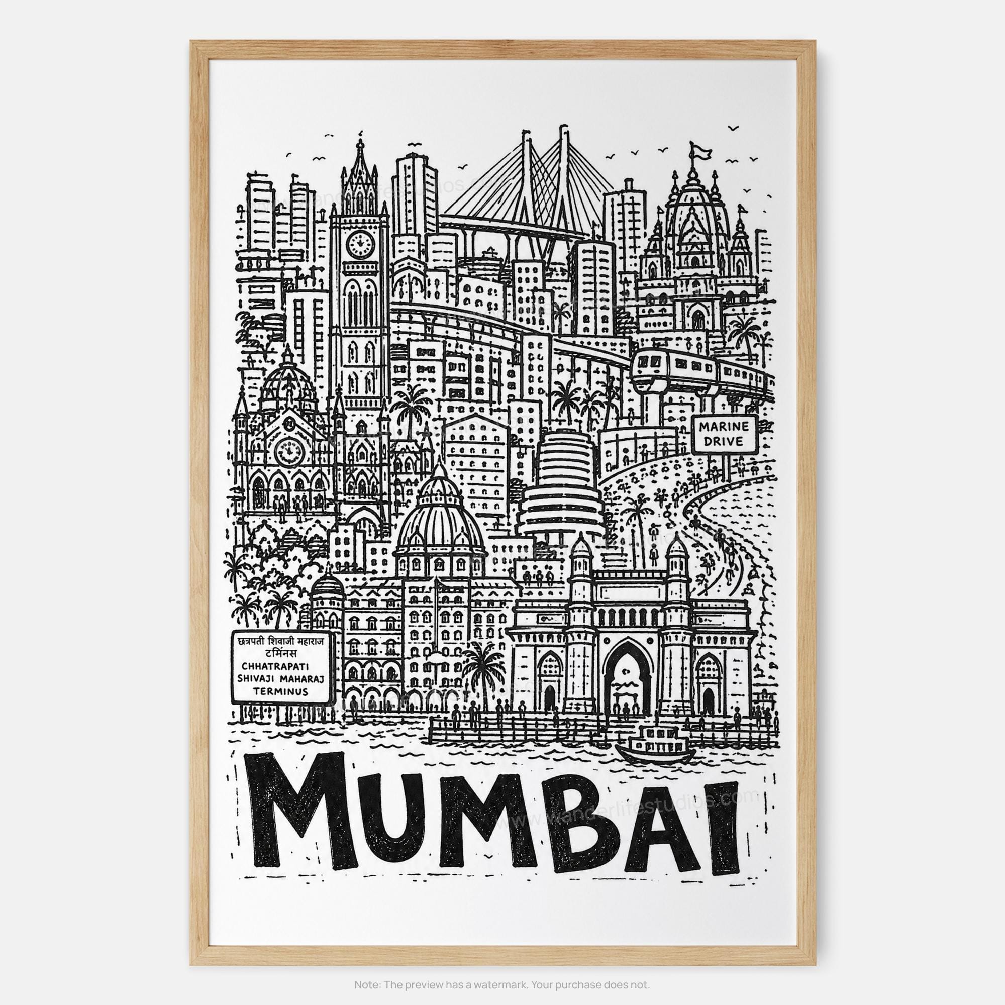 Mumbai Pencil-Style Art Print | Gateway, Clock Tower and Sea Link | India Wall Decor
