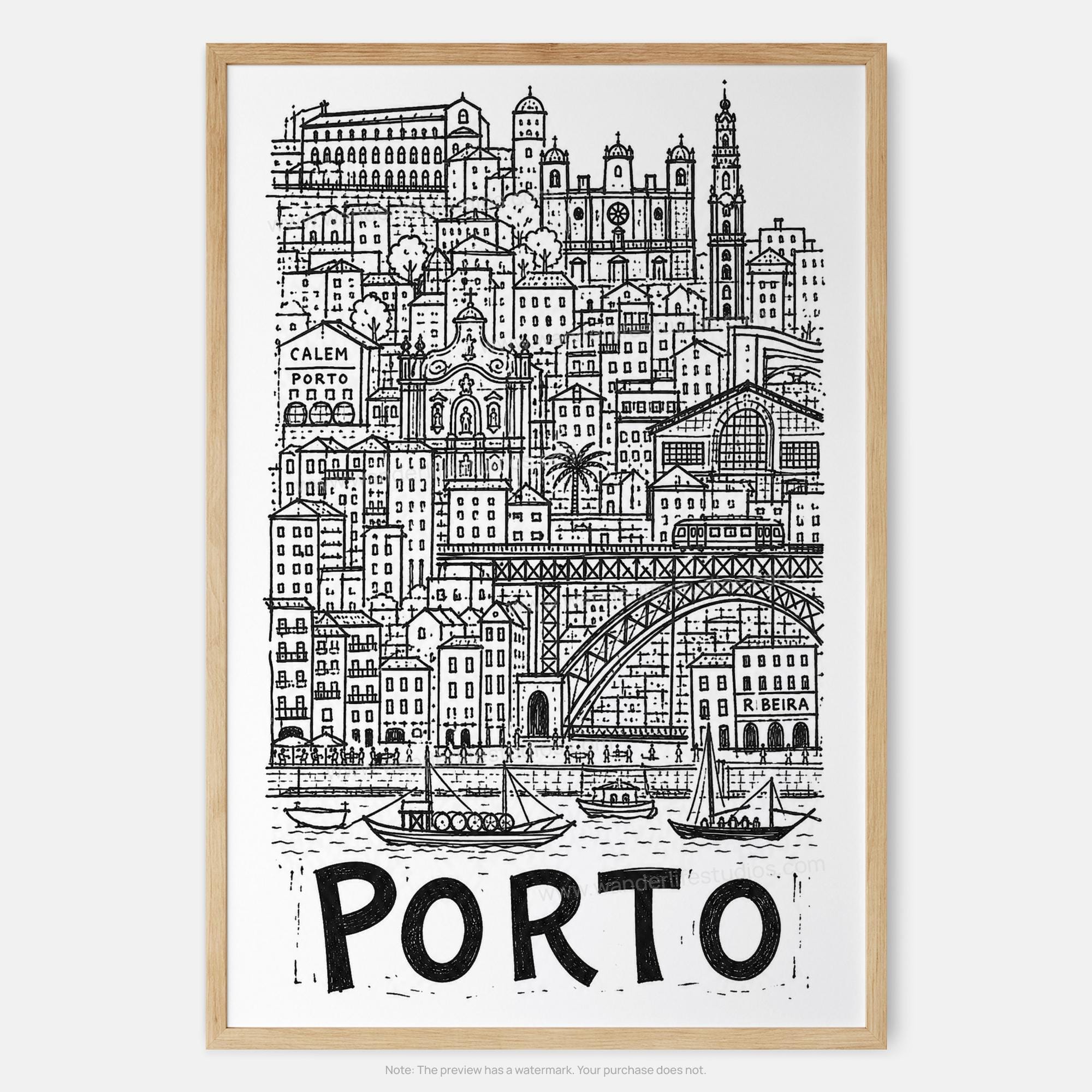 Porto Pencil-Style Art Print | Ribeira Riverfront and Cathedral Towers | Portugal Wall Decor 5 Porto Pencil-Style Art Print | Ribeira Riverfront and Cathedral Towers | Portugal Wall Decor