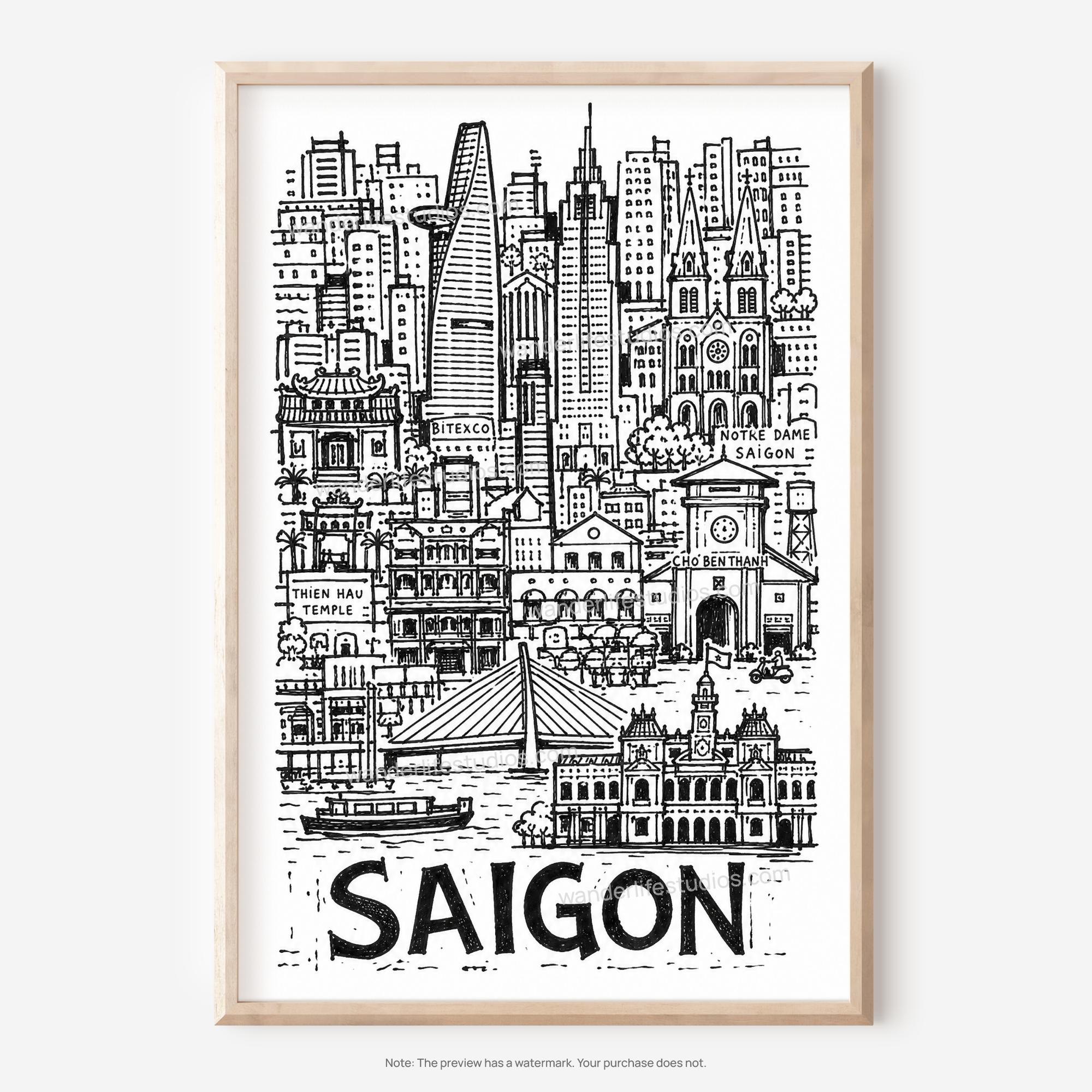 Saigon Pencil-Style Printable Wall Art | Ben Thanh Market and Cathedral Spires Digital Download 6 Saigon Pencil-Style Printable Wall Art | Ben Thanh Market and Cathedral Spires Digital Download