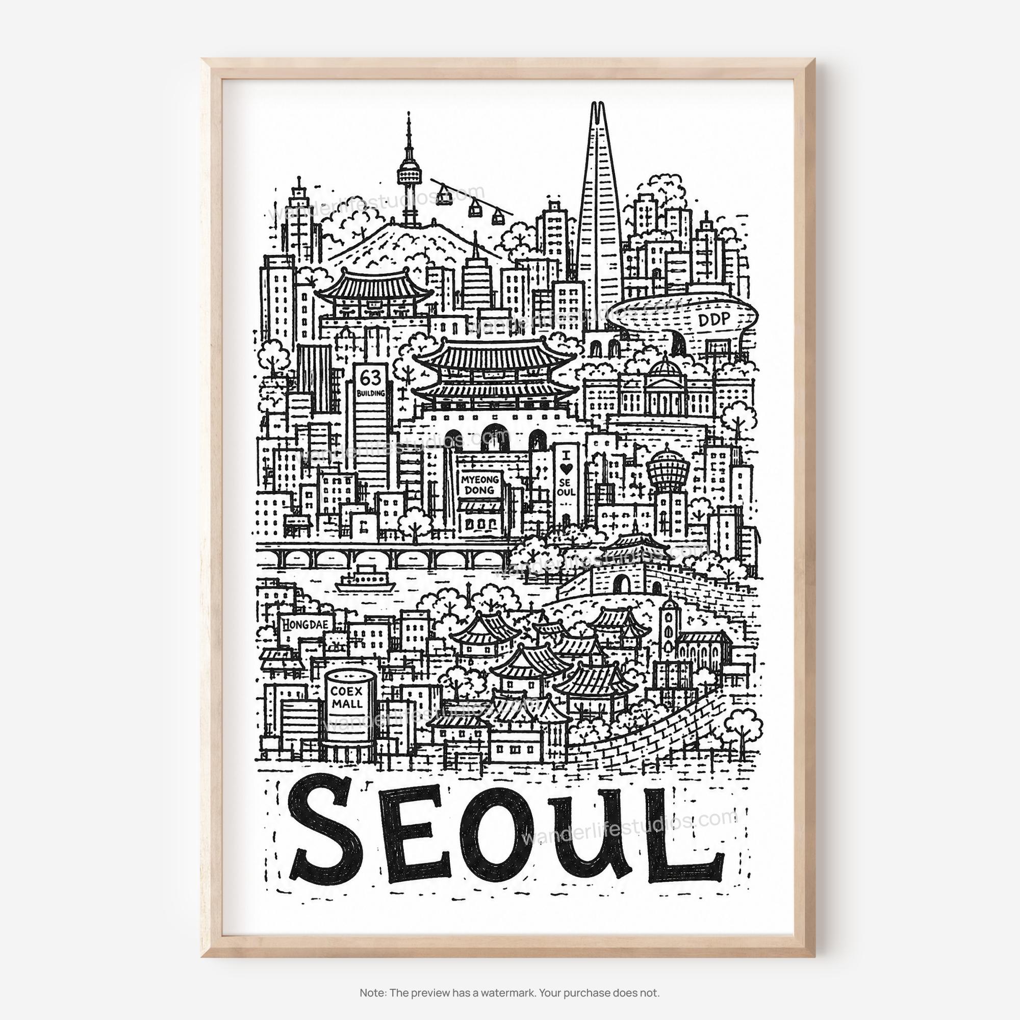Seoul Pencil-Style Printable Wall Art | Namsan Tower and Dongdaemun Design Plaza Digital Download 2 Seoul Pencil-Style Printable Wall Art | Namsan Tower and Dongdaemun Design Plaza Digital Download