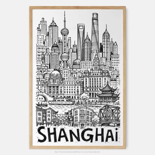 01 - Shanghai City Art - Pencil Style Art Print - Main - Vertical.jpg