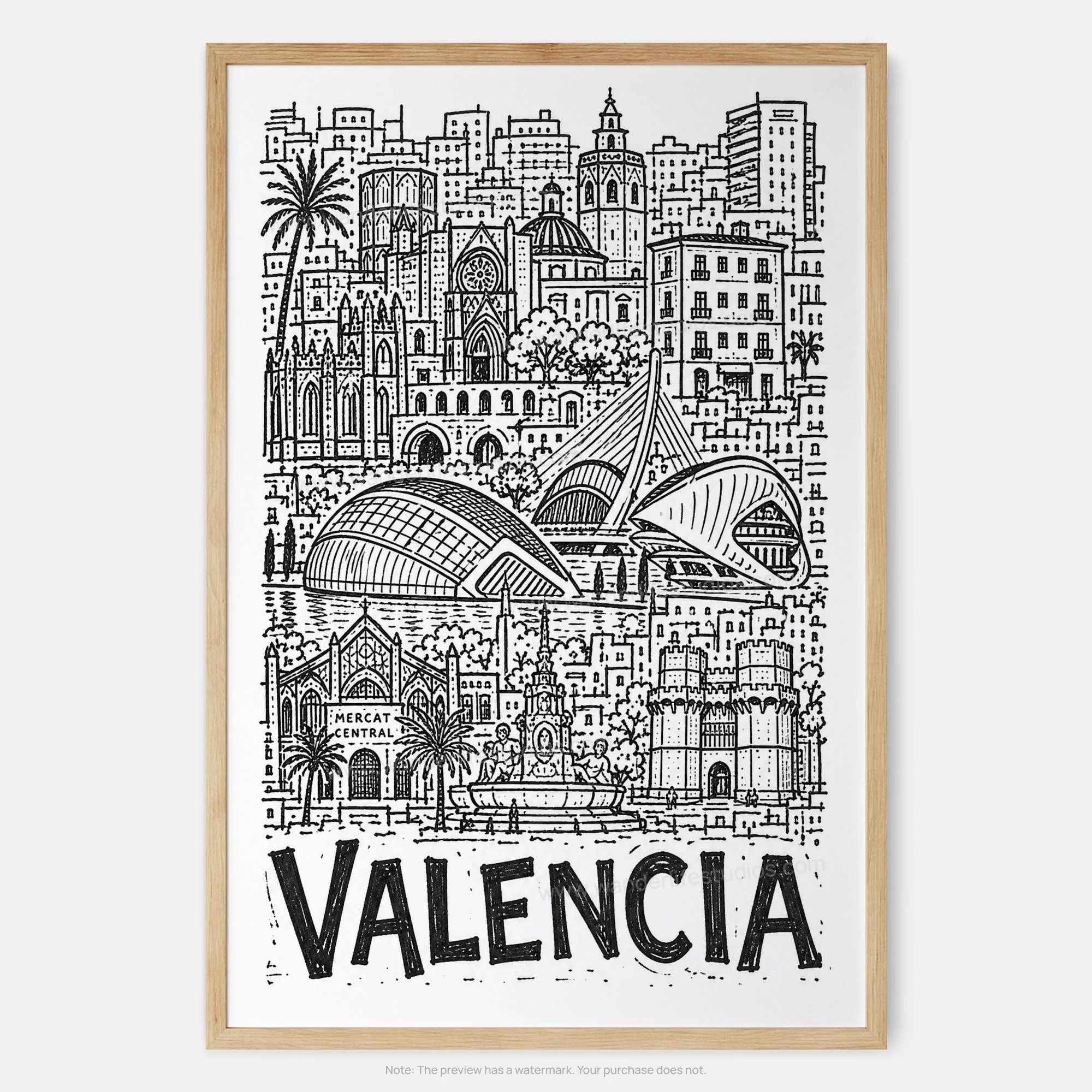 Valencia Pencil-Style Art Print | Mercat Central And Gothic