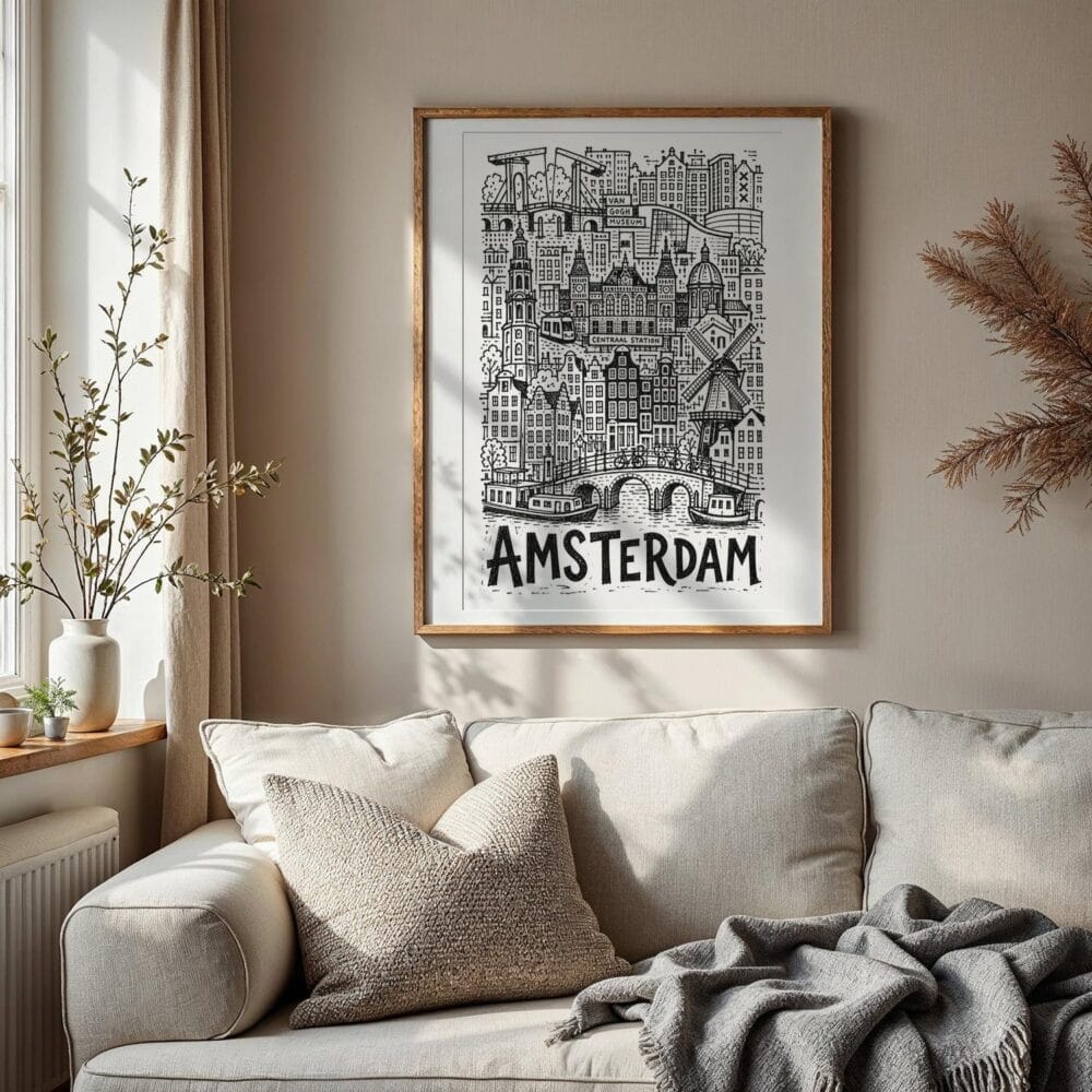 02 - Amsterdam City Art - Pencil Style Art Print with Vintage Wood Frame - Vertical.jpg 02 - Amsterdam City Art - Pencil Style Art Print with Vintage Wood Frame - Vertical.jpg