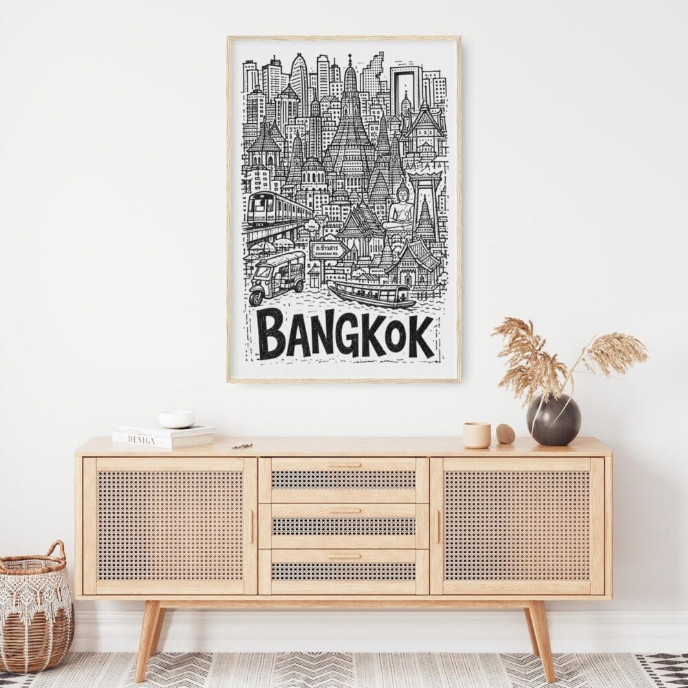 02 - Bangkok City Art - Pencil Style Art Print Hanging above Shelf - Vertical.jpg 02 - Bangkok City Art - Pencil Style Art Print Hanging above Shelf - Vertical.jpg