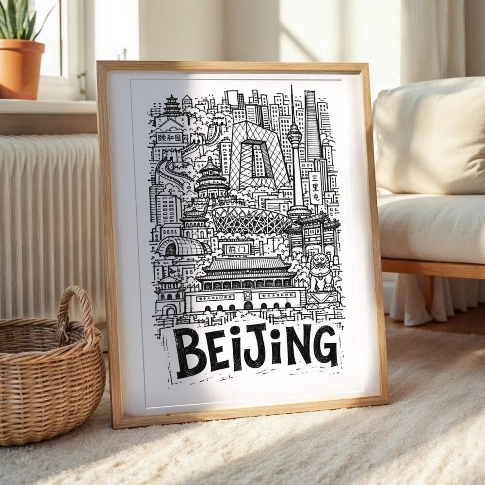 02 - Beijing City Art - Pencil Style Art Print with Natural Wood Frame on floor - Vertical.jpg 02 - Beijing City Art - Pencil Style Art Print with Natural Wood Frame on floor - Vertical.jpg