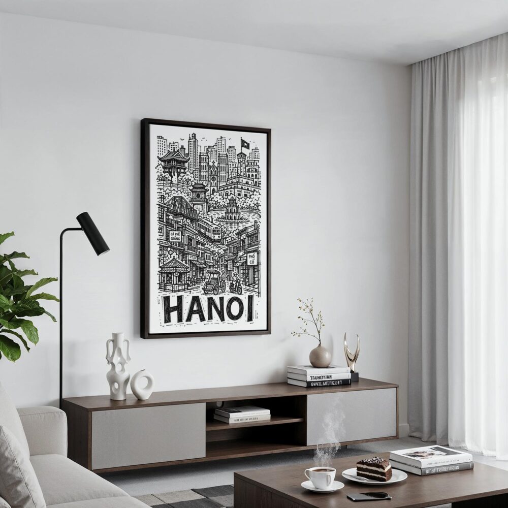 02 - Black Framed Hanoi City Art - Pencil Style Canvas Print - Contemporary Living Room - Vertical.jpg 02 - Black Framed Hanoi City Art - Pencil Style Canvas Print - Contemporary Living Room - Vertical.jpg