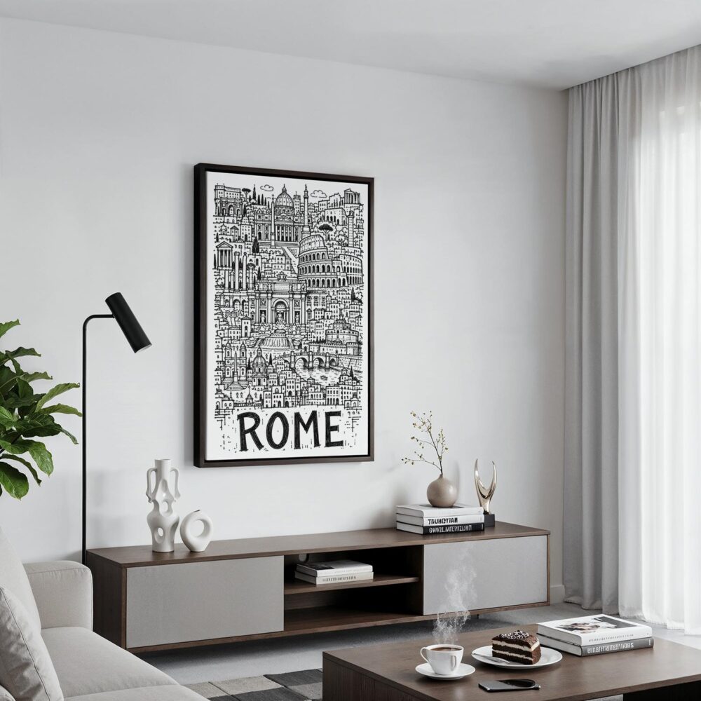 02 - Black Framed Rome City Art - Pencil Style Canvas Print - Contemporary Living Room - Vertical.jpg 02 - Black Framed Rome City Art - Pencil Style Canvas Print - Contemporary Living Room - Vertical.jpg