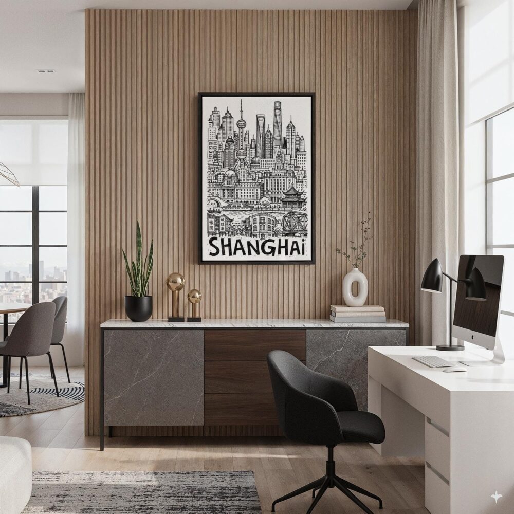 02 - Black Framed Shanghai City Art - Pencil Style Canvas Print - Home Office - Vertical.jpg 02 - Black Framed Shanghai City Art - Pencil Style Canvas Print - Home Office - Vertical.jpg