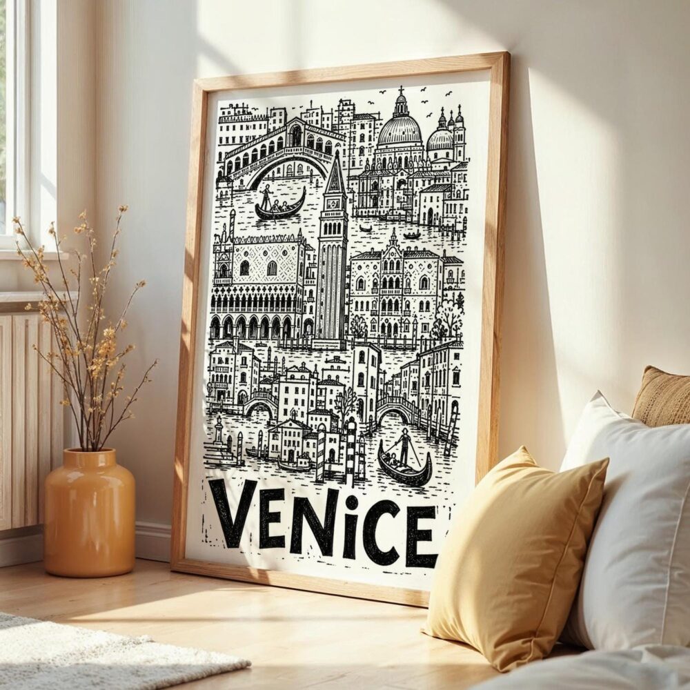 02 - Frame Venice City Art - Pencil Style art print leaning against wall on floor - Vertical.jpg 02 - Frame Venice City Art - Pencil Style art print leaning against wall on floor - Vertical.jpg