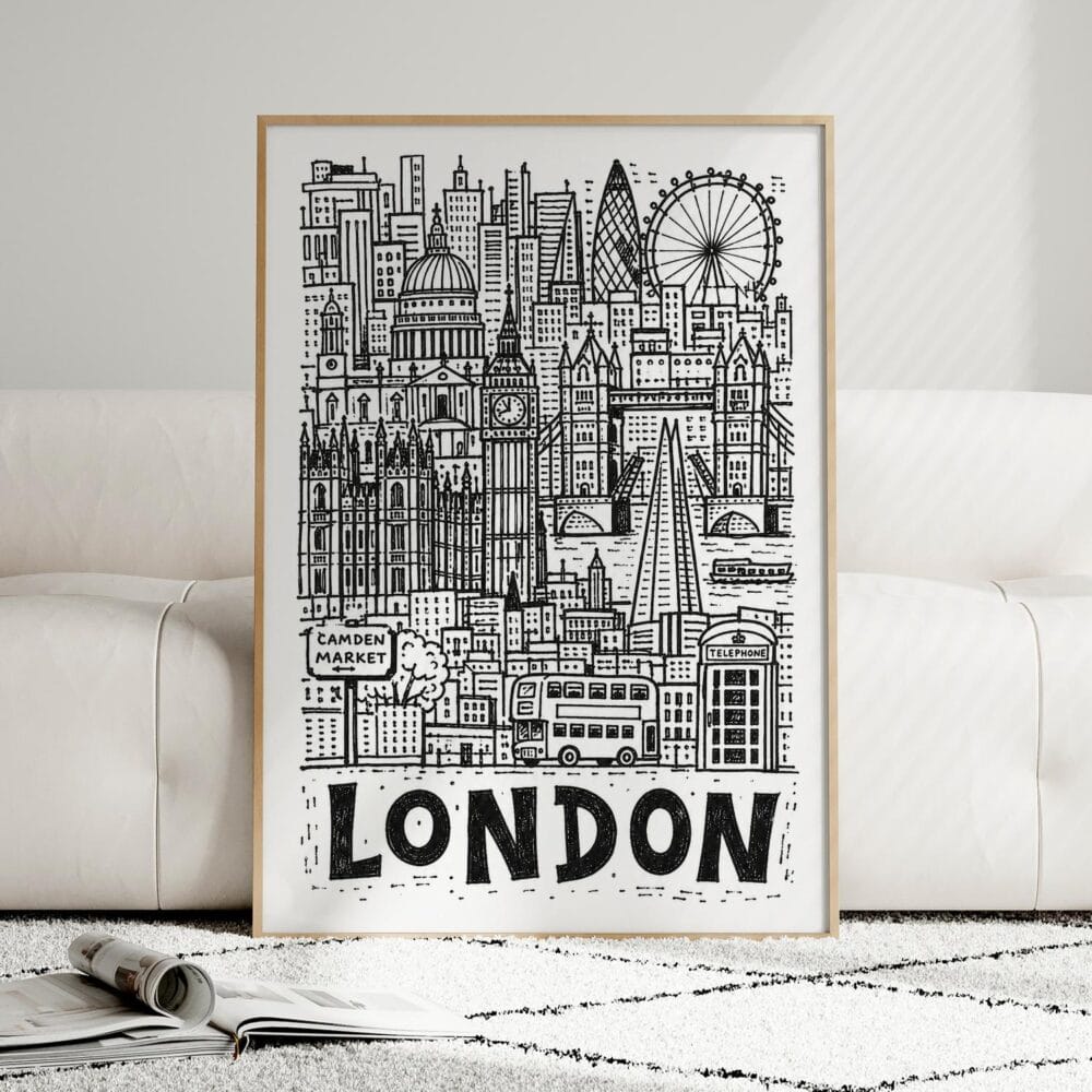 02 - Framed London City Art - Pencil Style Art Print leaning against couch - Vertical.jpg 02 - Framed London City Art - Pencil Style Art Print leaning against couch - Vertical.jpg