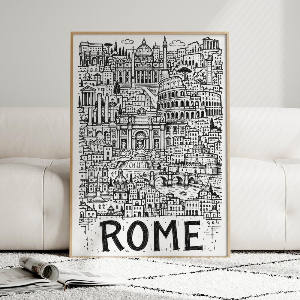 02 - Framed Rome City Art - Pencil Style Art Print leaning against couch - Vertical.jpg 02 - Framed Rome City Art - Pencil Style Art Print leaning against couch - Vertical.jpg