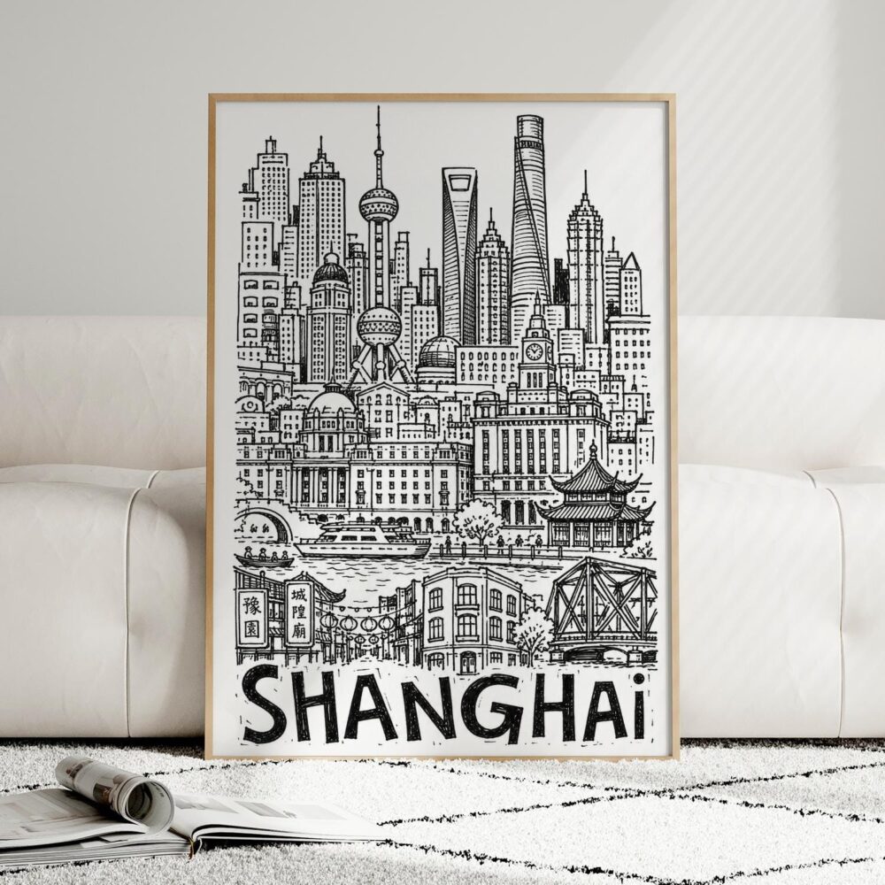 02 - Framed Shanghai City Art - Pencil Style Art Print leaning against couch - Vertical.jpg 02 - Framed Shanghai City Art - Pencil Style Art Print leaning against couch - Vertical.jpg