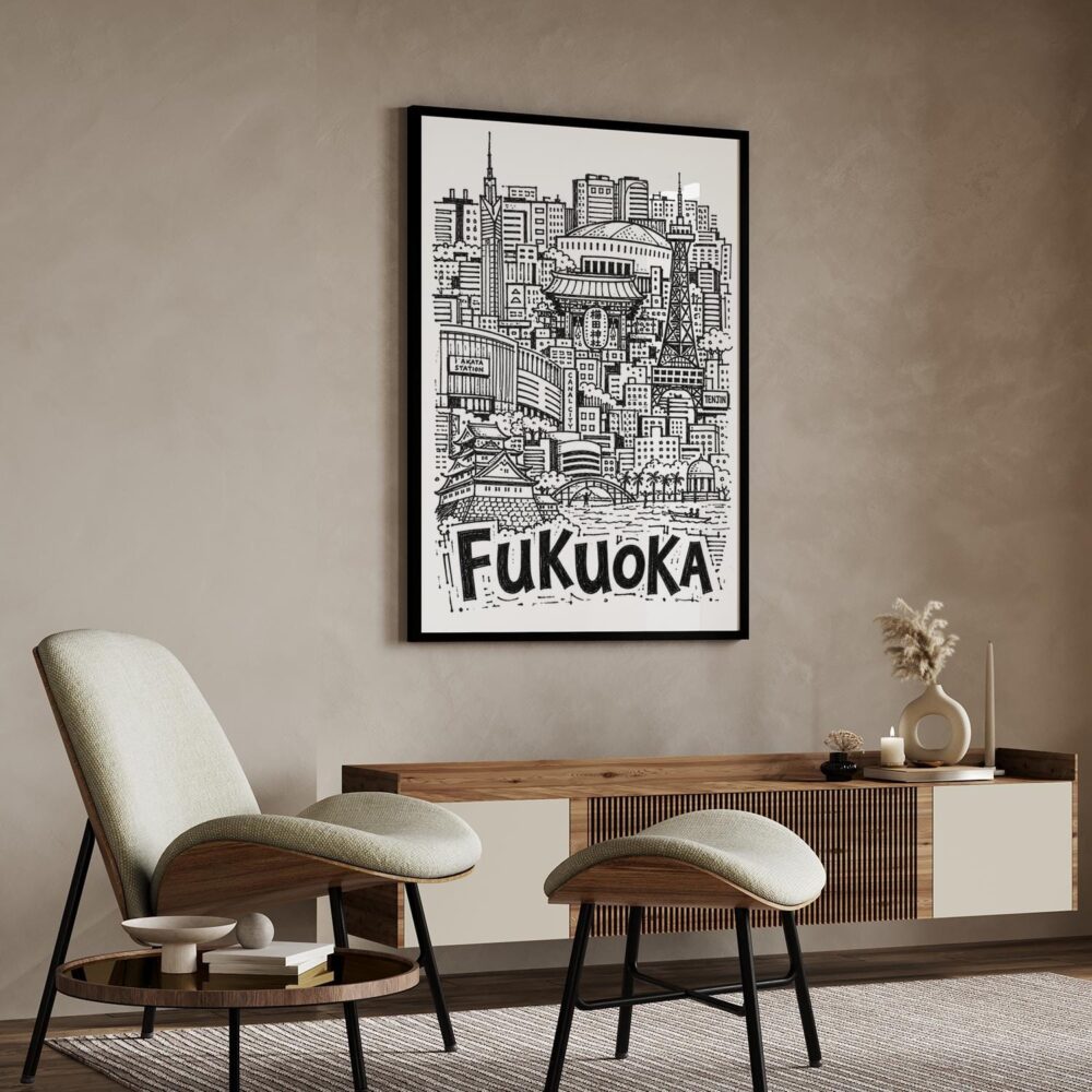 02 - Fukuoka City Art - Pencil Style Art Print with Black Frame in Japandi Living Room - Vertical.jpg 02 - Fukuoka City Art - Pencil Style Art Print with Black Frame in Japandi Living Room - Vertical.jpg
