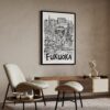 02 - Fukuoka City Art - Pencil Style Art Print with Black Frame in Japandi Living Room - Vertical.jpg