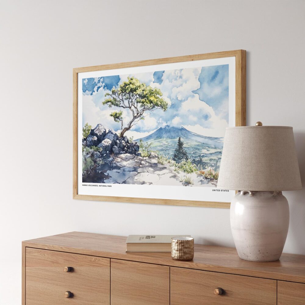 02 - Hawaii Volcanoes National Park Watercolor - Horizontal-36x24 Art Print in Natural Wood Frame Above Console.jpg 02 - Hawaii Volcanoes National Park Watercolor - Horizontal-36x24 Art Print in Natural Wood Frame Above Console.jpg