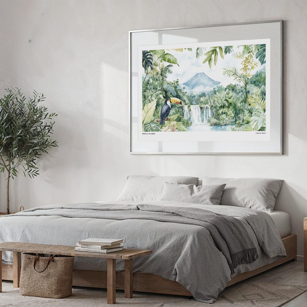 02 - Large Costa Rica Arenal Volcano Watercolor - Horizontal-36x24 Art Print in Bedroom with Silver Metal Frame.jpg 02 - Large Costa Rica Arenal Volcano Watercolor - Horizontal-36x24 Art Print in Bedroom with Silver Metal Frame.jpg