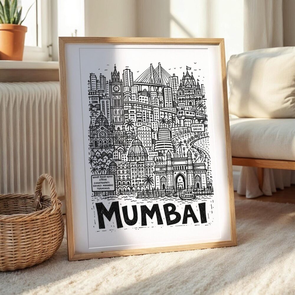 02 - Mumbai City Art - Pencil Style Art Print with Natural Wood Frame on floor - Vertical.jpg 02 - Mumbai City Art - Pencil Style Art Print with Natural Wood Frame on floor - Vertical.jpg