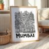 02 - Mumbai City Art - Pencil Style Art Print with Natural Wood Frame on floor - Vertical.jpg