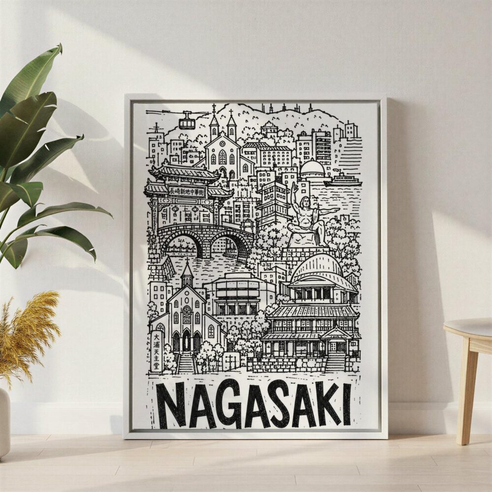 02 - Nagasaki City Art - Pencil Style Canvas Print with White Floater Frame - Standing on Floor - Vertical.jpg 02 - Nagasaki City Art - Pencil Style Canvas Print with White Floater Frame - Standing on Floor - Vertical.jpg