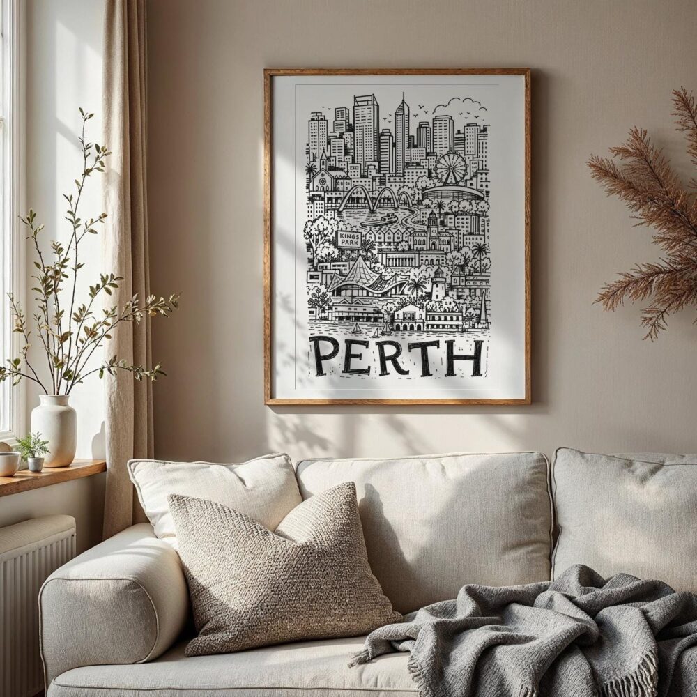 02 - Perth City Art - Pencil Style Art Print with Vintage Wood Frame - Vertical.jpg 02 - Perth City Art - Pencil Style Art Print with Vintage Wood Frame - Vertical.jpg