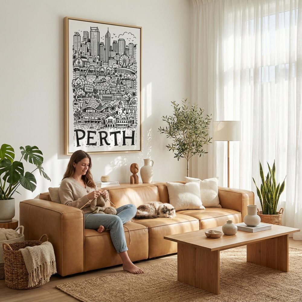 02 - Perth City Art - Pencil Style Canvas Art Print with natural Floater Frame - Women knitting on couch with cat - Vertical .jpg 02 - Perth City Art - Pencil Style Canvas Art Print with natural Floater Frame - Women knitting on couch with cat - Vertical .jpg