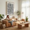02 - Perth City Art - Pencil Style Canvas Art Print with natural Floater Frame - Women knitting on couch with cat - Vertical .jpg