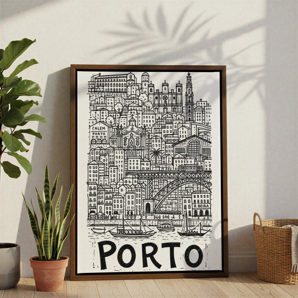 02 - Porto City Art - Pencil Style Canvas Print with Brown Floater Frame - Standing on Floor - Vertical.jpg 02 - Porto City Art - Pencil Style Canvas Print with Brown Floater Frame - Standing on Floor - Vertical.jpg