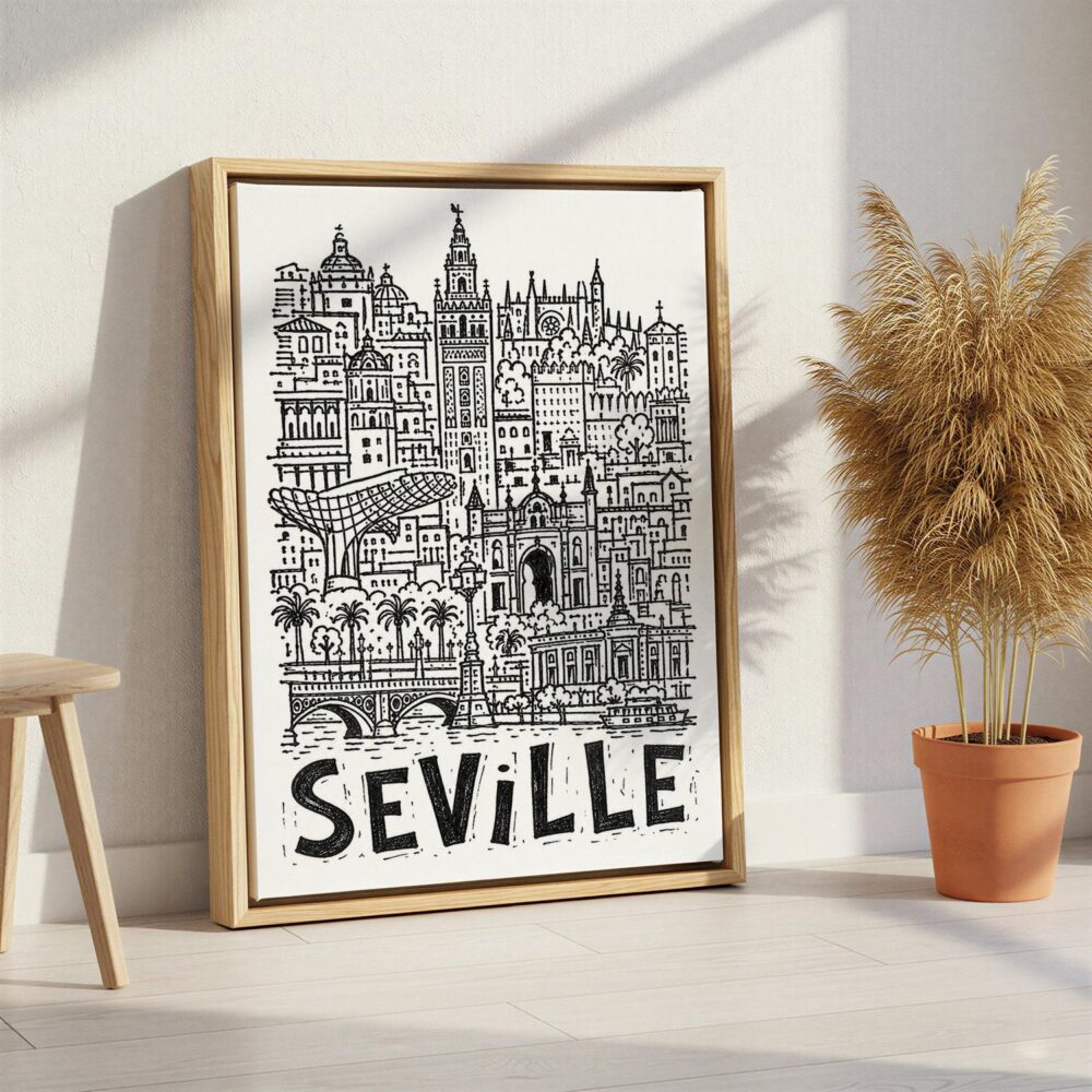 02 - Seville City Art - Pencil Style Canvas Print with Natural Floater Frame - Standing on Floor - Vertical.jpg 02 - Seville City Art - Pencil Style Canvas Print with Natural Floater Frame - Standing on Floor - Vertical.jpg