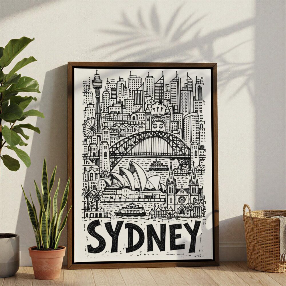 02 - Sydney City Art - Pencil Style Canvas Print with Brown Floater Frame - Standing on Floor - Vertical.jpg 02 - Sydney City Art - Pencil Style Canvas Print with Brown Floater Frame - Standing on Floor - Vertical.jpg