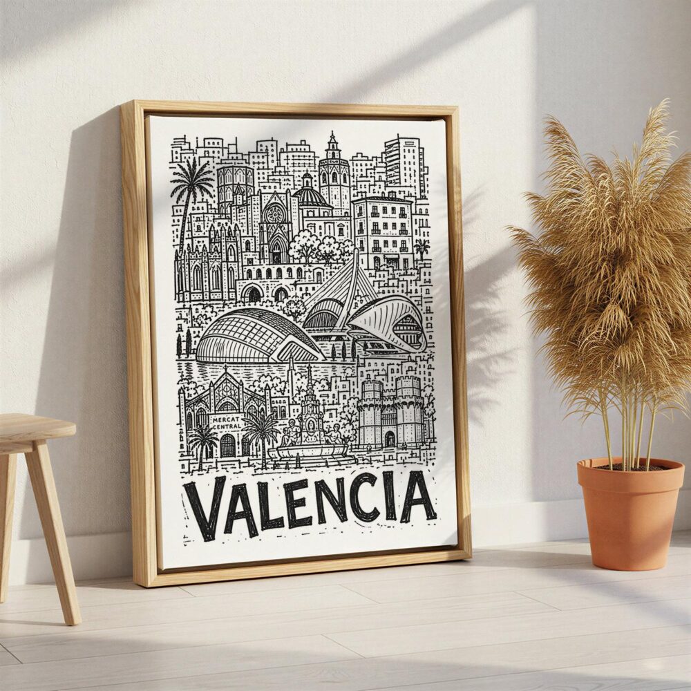 02 - Valencia City Art - Pencil Style Canvas Print with Natural Floater Frame - Standing on Floor - Vertical.jpg 02 - Valencia City Art - Pencil Style Canvas Print with Natural Floater Frame - Standing on Floor - Vertical.jpg