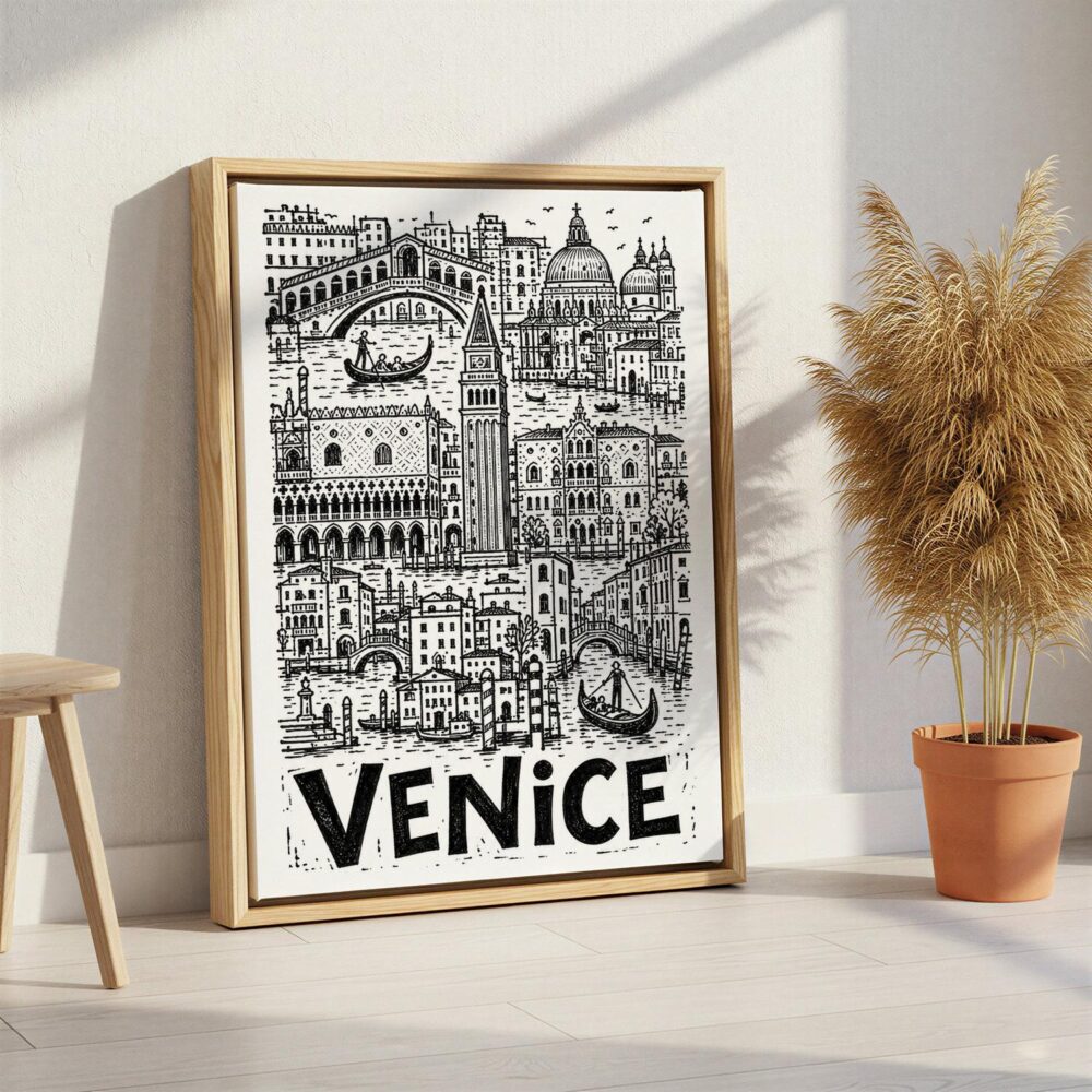 02 - Venice City Art - Pencil Style Canvas Print with Natural Floater Frame - Standing on Floor - Vertical.jpg 02 - Venice City Art - Pencil Style Canvas Print with Natural Floater Frame - Standing on Floor - Vertical.jpg
