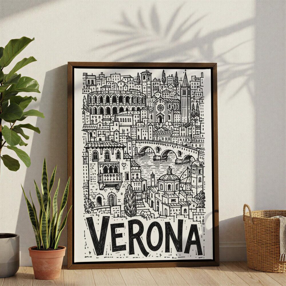 02 - Verona City Art - Pencil Style Canvas Print with Brown Floater Frame - Standing on Floor - Vertical.jpg 02 - Verona City Art - Pencil Style Canvas Print with Brown Floater Frame - Standing on Floor - Vertical.jpg