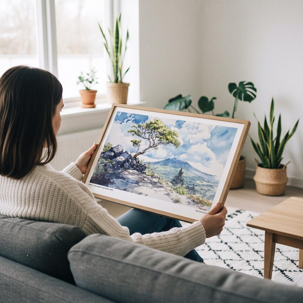 03 - A Woman Holding A Framed Hawaii Volcanoes National Park Watercolor - Horizontal-36x24 Art Print.jpg 03 - A Woman Holding A Framed Hawaii Volcanoes National Park Watercolor - Horizontal-36x24 Art Print.jpg
