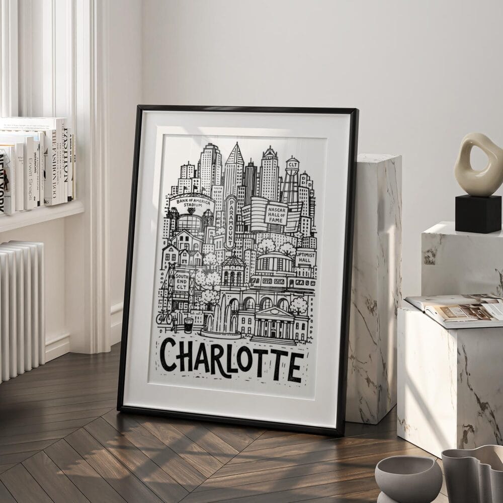03 - Charlotte City Art - Pencil Style Art - Digital Download - Frame Standing on floor.jpg 03 - Charlotte City Art - Pencil Style Art - Digital Download - Frame Standing on floor.jpg