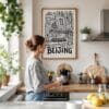 03 - Framed Beijing City Art - Pencil Style Art Print hanging in Kitchen with woman making coffee - Vertical.jpg