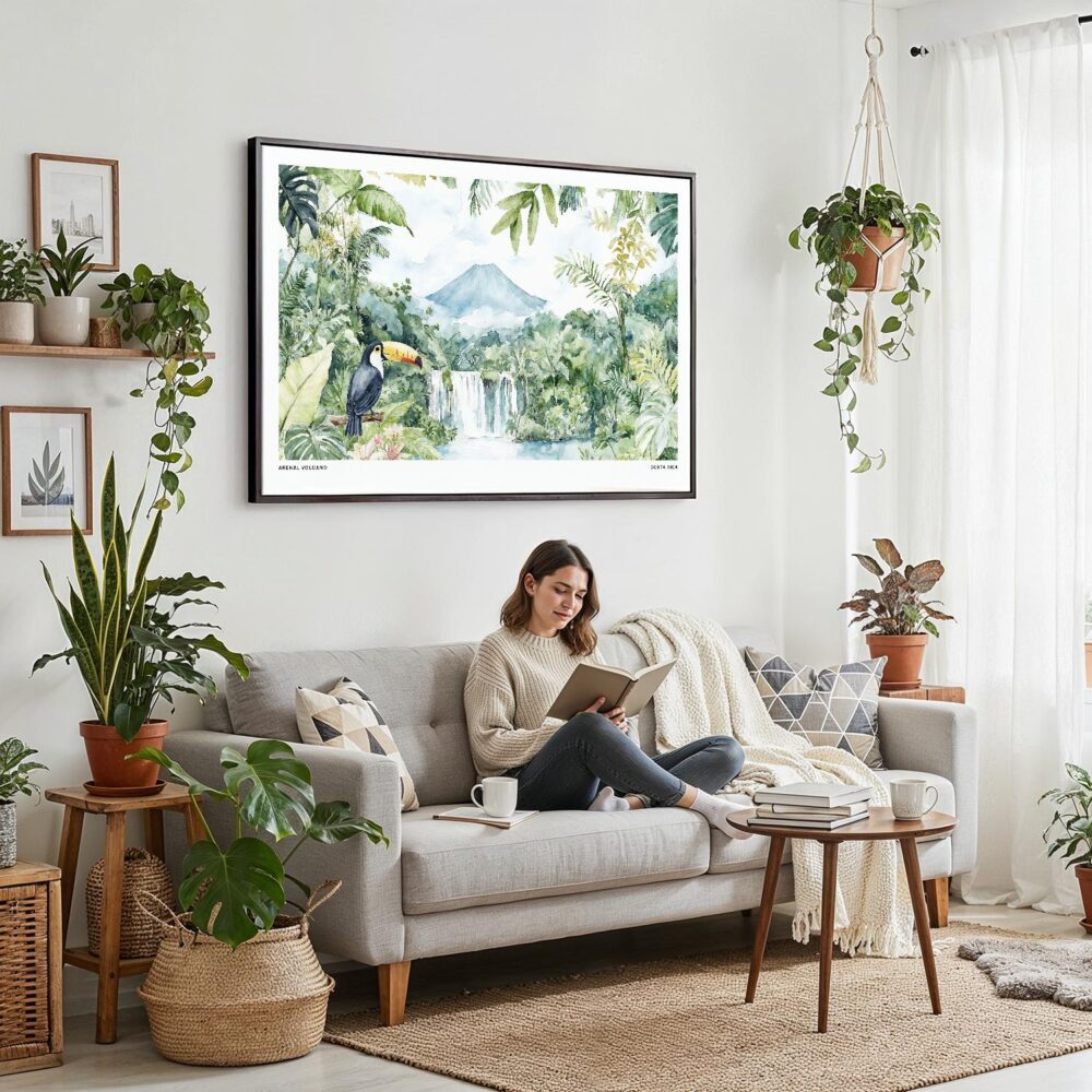 03 - Framed Costa Rica Arenal Volcano Watercolor - Horizontal-36x24 Canvas Print - Boho Living Room with Woman reading.jpg 03 - Framed Costa Rica Arenal Volcano Watercolor - Horizontal-36x24 Canvas Print - Boho Living Room with Woman reading.jpg