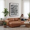 03 - Framed Hanoi City Art - Pencil Style Canvas Print - Woman Knitting on leather couch - Vertical.jpg