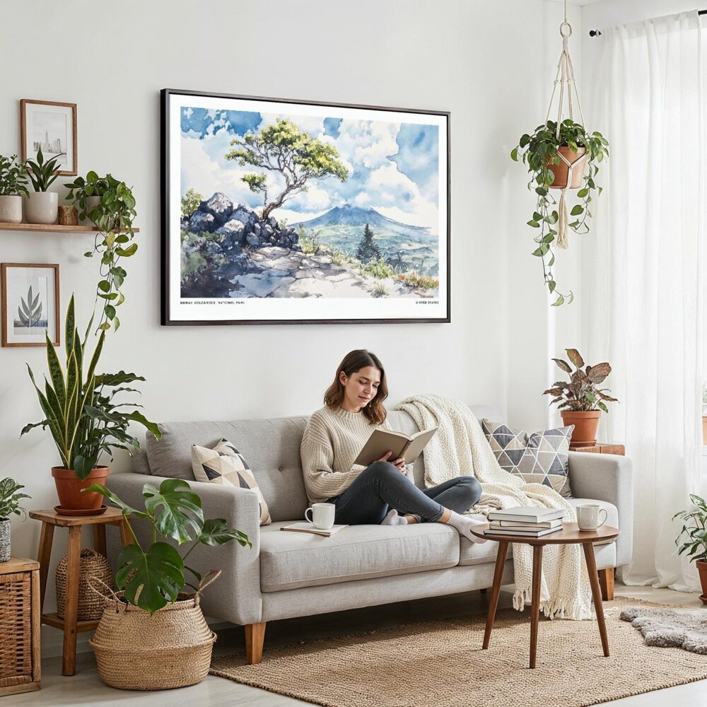 03 - Framed Hawaii Volcanoes National Park Watercolor - Horizontal-36x24 Canvas Print - Boho Living Room with Woman reading.jpg 03 - Framed Hawaii Volcanoes National Park Watercolor - Horizontal-36x24 Canvas Print - Boho Living Room with Woman reading.jpg