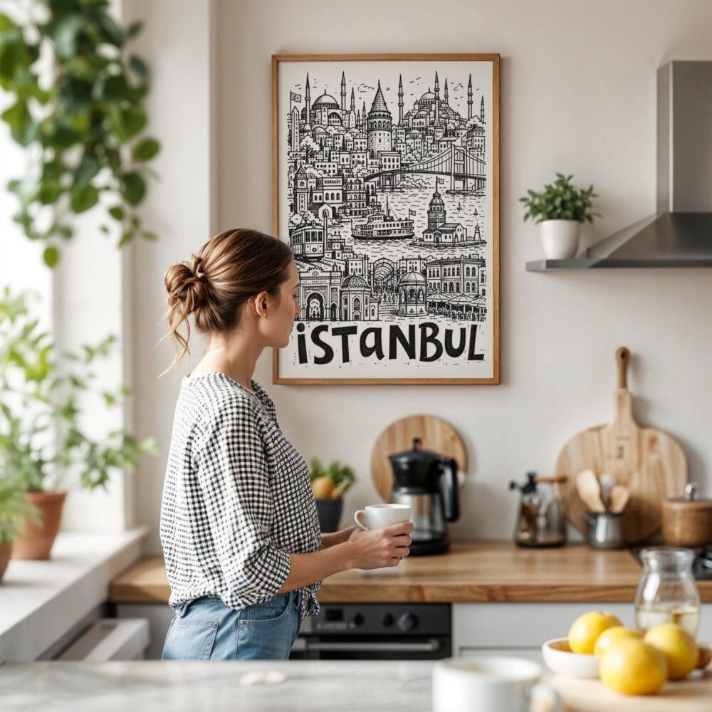 03 - Framed Istanbul City Art - Pencil Style Art Print hanging in Kitchen with woman making coffee - Vertical.jpg 03 - Framed Istanbul City Art - Pencil Style Art Print hanging in Kitchen with woman making coffee - Vertical.jpg