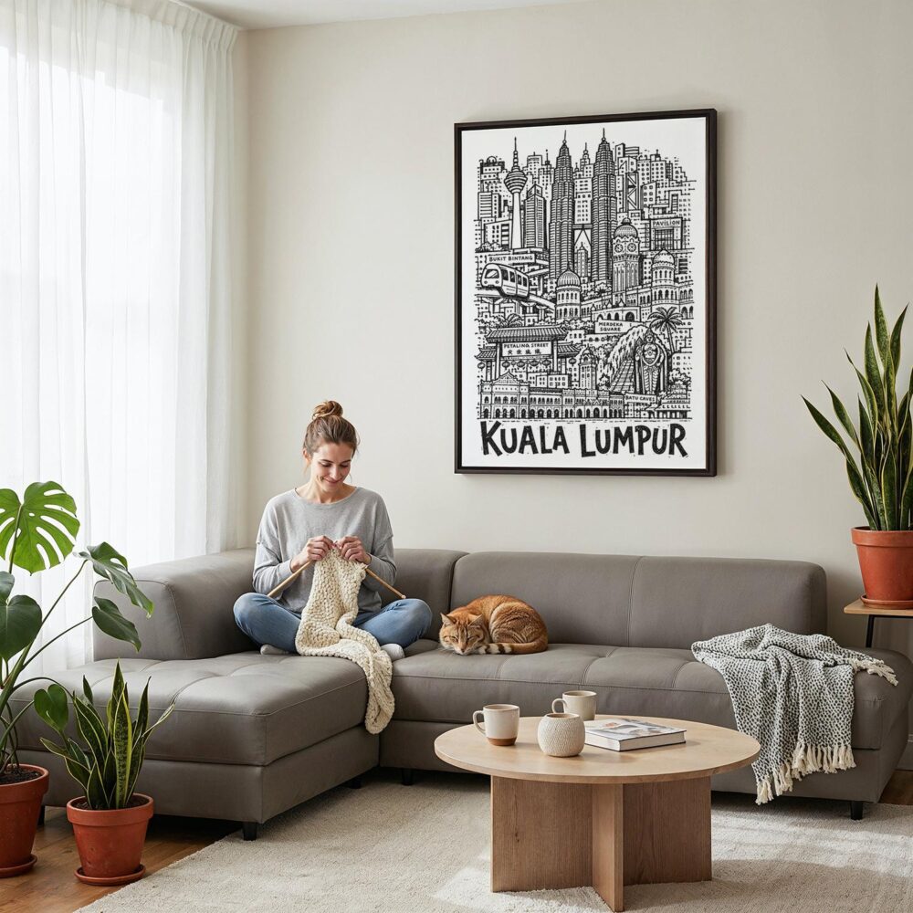 03 - Framed Kuala Lumpur City Art - Pencil Style Canvas Print - Woman Knitting on grey couch - Vertical.jpg 03 - Framed Kuala Lumpur City Art - Pencil Style Canvas Print - Woman Knitting on grey couch - Vertical.jpg
