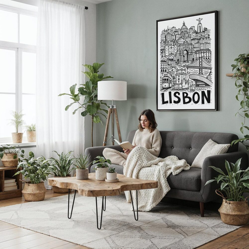 03 - Framed Lisbon City Art - Pencil Style Canvas Print - Woman reading in Boho Living Room - Vertical.jpg 03 - Framed Lisbon City Art - Pencil Style Canvas Print - Woman reading in Boho Living Room - Vertical.jpg