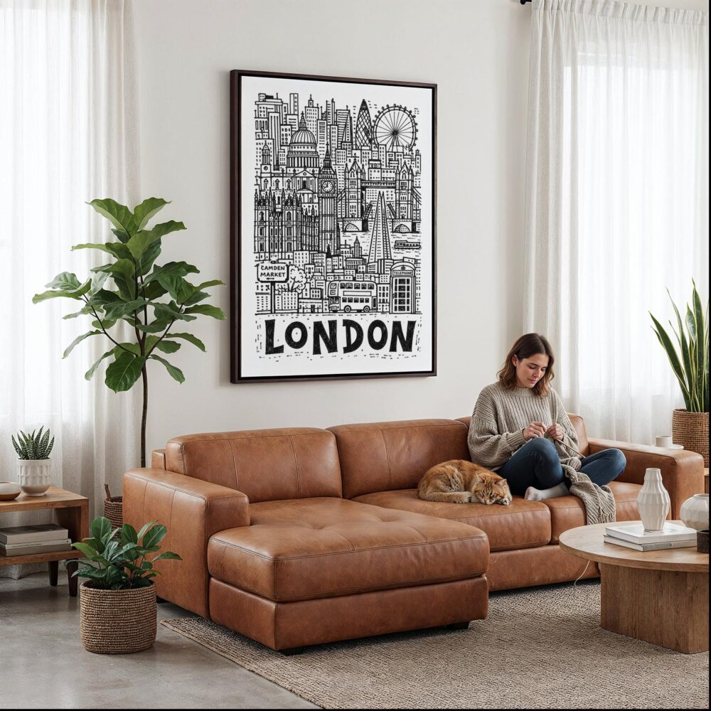 03 - Framed London City Art - Pencil Style Canvas Print - Woman Knitting on leather couch - Vertical.jpg 03 - Framed London City Art - Pencil Style Canvas Print - Woman Knitting on leather couch - Vertical.jpg