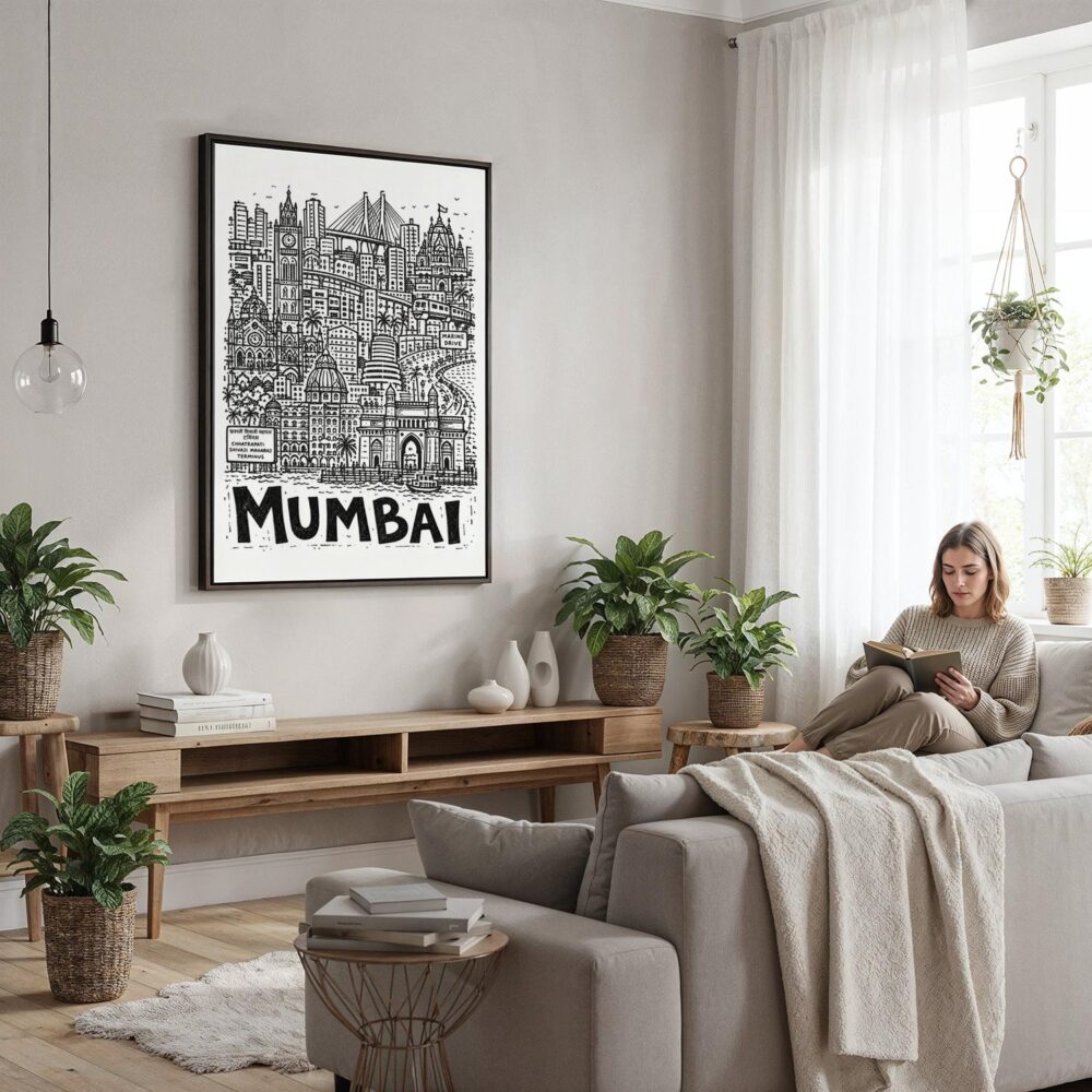 03 - Framed Mumbai City Art - Pencil Style Canvas Print - Woman reading in modern Living Room - Vertical.jpg 03 - Framed Mumbai City Art - Pencil Style Canvas Print - Woman reading in modern Living Room - Vertical.jpg