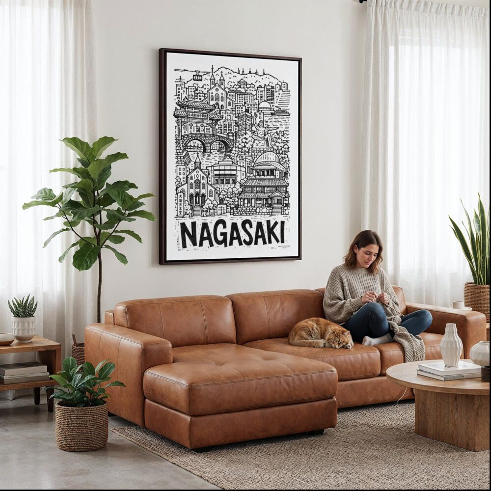 03 - Framed Nagasaki City Art - Pencil Style Canvas Print - Woman Knitting on leather couch - Vertical.jpg 03 - Framed Nagasaki City Art - Pencil Style Canvas Print - Woman Knitting on leather couch - Vertical.jpg