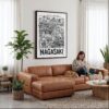 03 - Framed Nagasaki City Art - Pencil Style Canvas Print - Woman Knitting on leather couch - Vertical.jpg