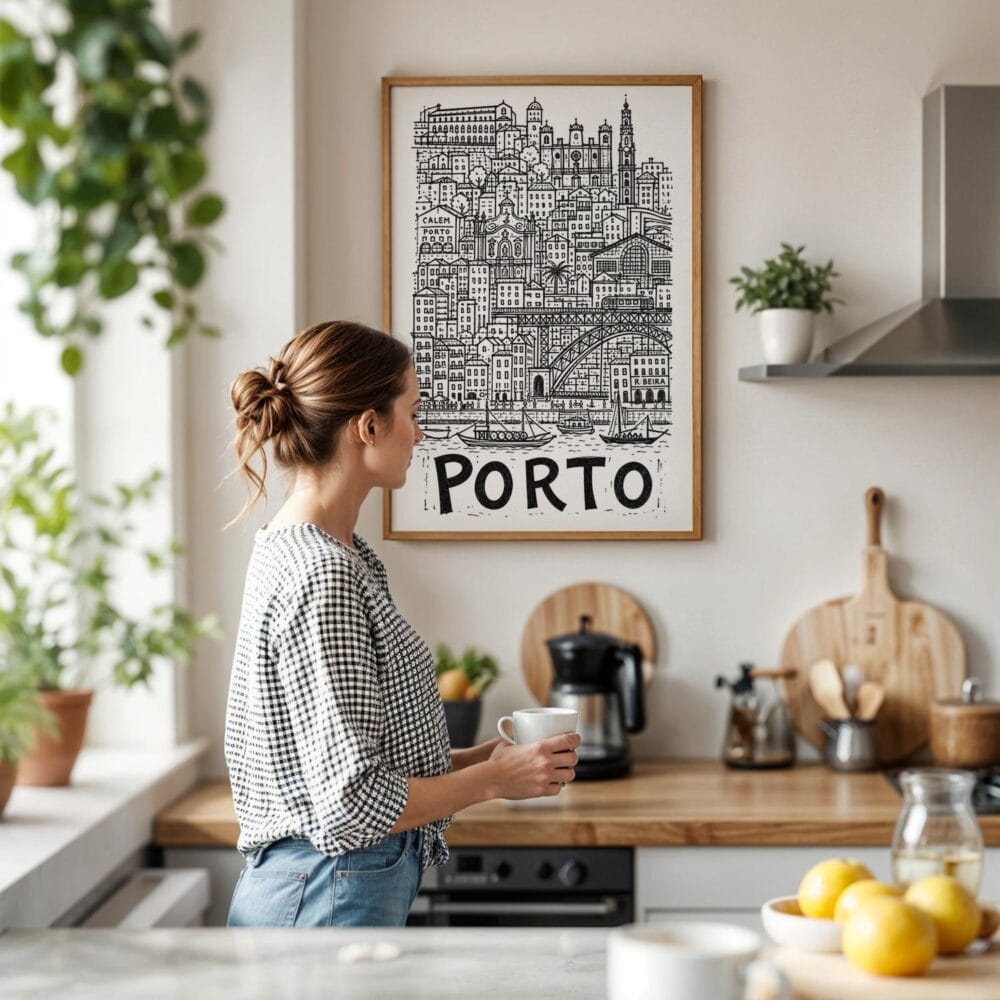 03 - Framed Porto City Art - Pencil Style Art Print hanging in Kitchen with woman making coffee - Vertical.jpg 03 - Framed Porto City Art - Pencil Style Art Print hanging in Kitchen with woman making coffee - Vertical.jpg