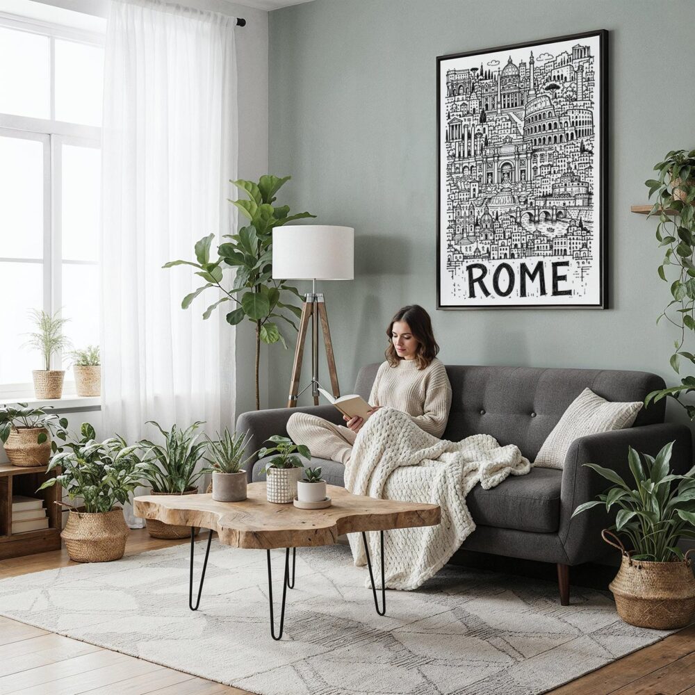 03 - Framed Rome City Art - Pencil Style Canvas Print - Woman reading in Boho Living Room - Vertical.jpg 03 - Framed Rome City Art - Pencil Style Canvas Print - Woman reading in Boho Living Room - Vertical.jpg