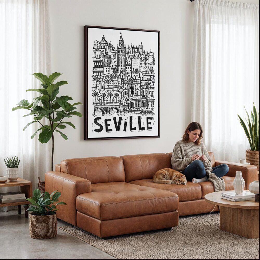 03 - Framed Seville City Art - Pencil Style Canvas Print - Woman Knitting on leather couch - Vertical.jpg 03 - Framed Seville City Art - Pencil Style Canvas Print - Woman Knitting on leather couch - Vertical.jpg