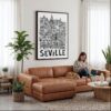 03 - Framed Seville City Art - Pencil Style Canvas Print - Woman Knitting on leather couch - Vertical.jpg