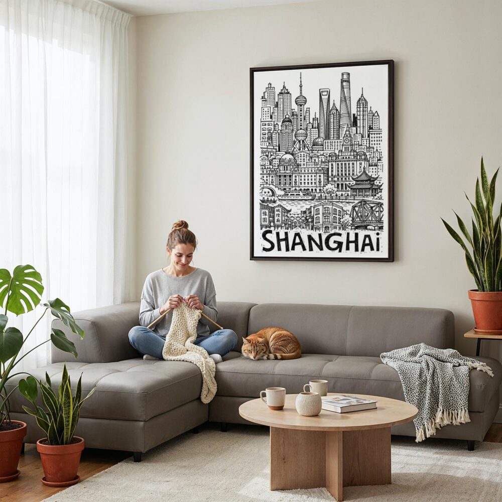 03 - Framed Shanghai City Art - Pencil Style Canvas Print - Woman Knitting on grey couch - Vertical.jpg 03 - Framed Shanghai City Art - Pencil Style Canvas Print - Woman Knitting on grey couch - Vertical.jpg